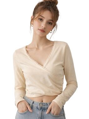Cream Wrap Top with Lace Trim Size XS Ballerina Balletcore Y2K